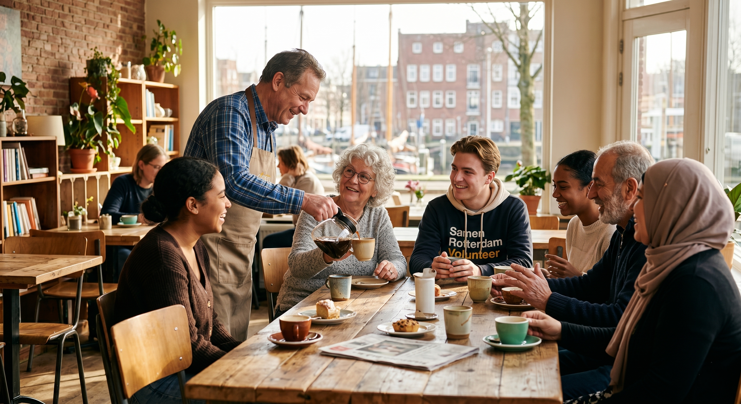Ondernemer schenkt koffie in voor buurtbewoners aan een grote tafel