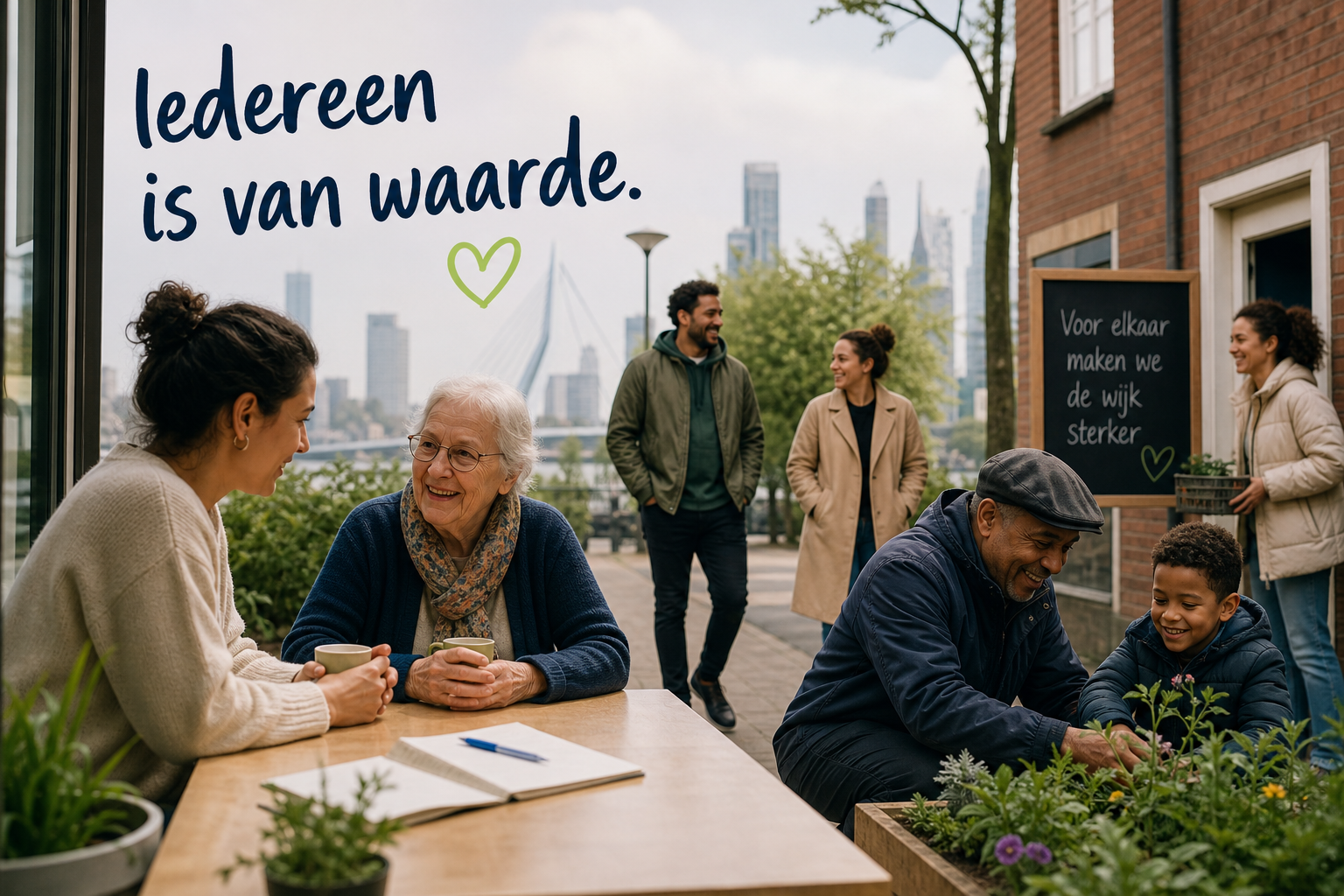 Buurtbewoners samen aan tafel en in de tuin in de wijk rond Wijnhaven